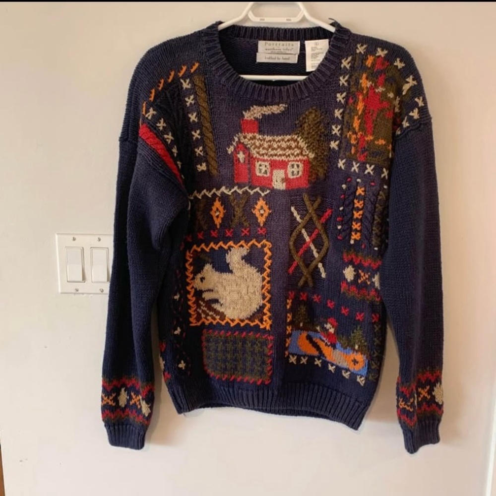 Vintage Portraits by Northern Isles Blue Hand Knit Sweater Women’s Large Cottage